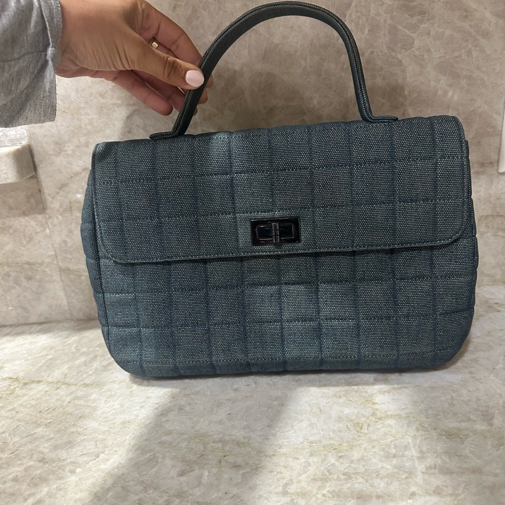 Chanel Mademoiselle top handle denim chocolate bar clutch